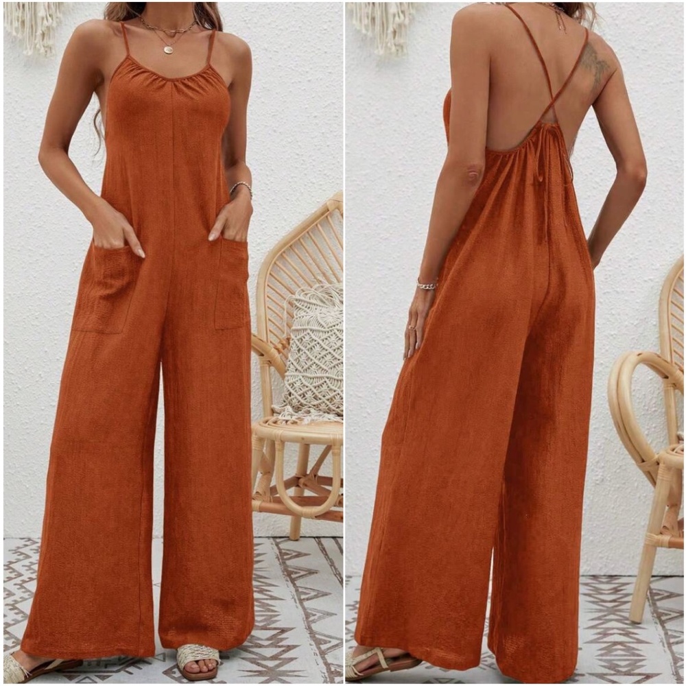 Solid Criss cross Tie Pockets Wide leg Jumpsuit - Picture 3 of 9